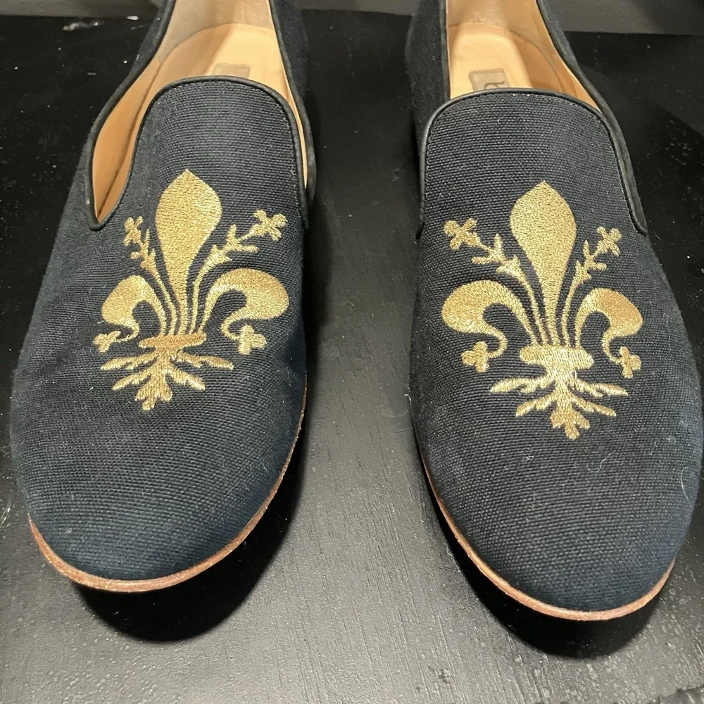 Botticelli Womens Sz US 9 EU 39 Navy Gold Fleur de Lis Leather Smoking Loafers